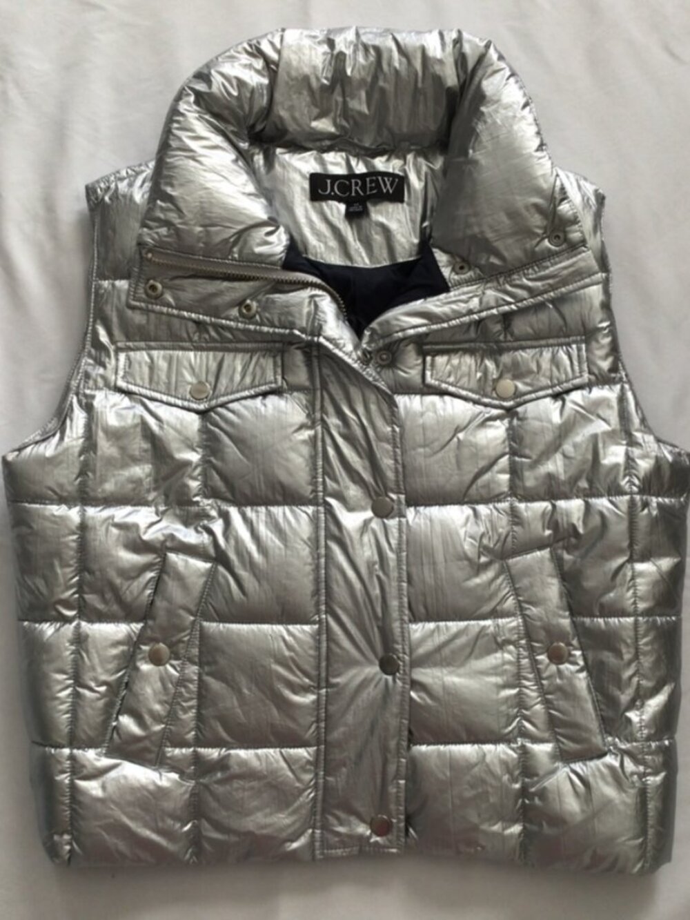 J Crew Metallic Silver Puffer Vest Sz XS NWOT